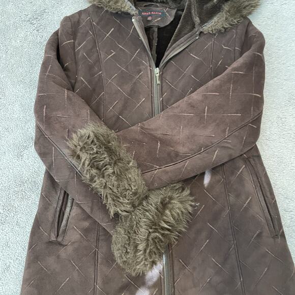 Y2K Faux Suede Fur Trim Hooded Coat Zip Up Women’s Medium 2000s VTG Brown Jacket - Picture 8 of 16
